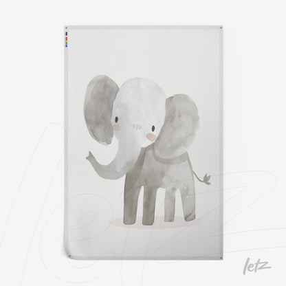 soft illustration of an elephant with simple lines and shades of gray and white