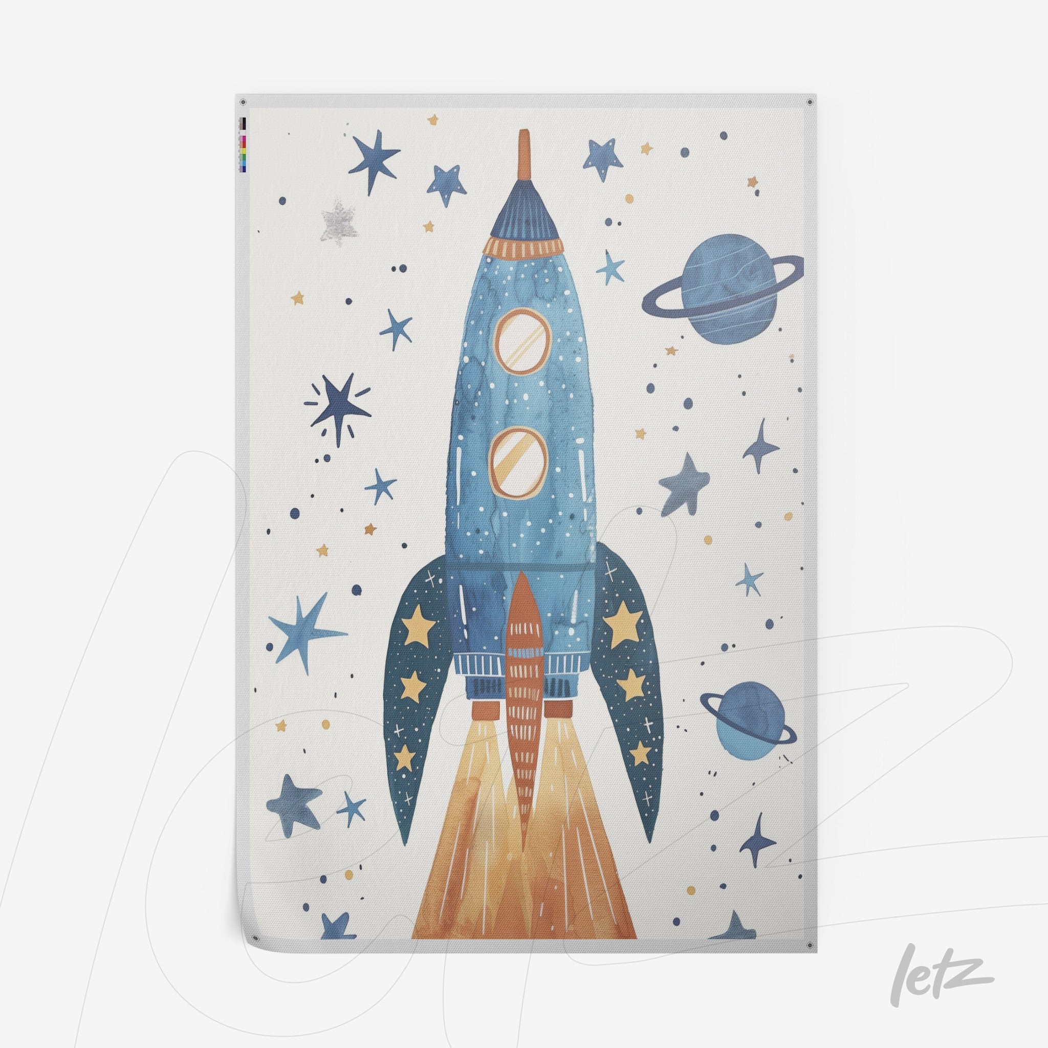 illustration of a stylized blue rocket with orange details surrounded by stars and planets on a light background
