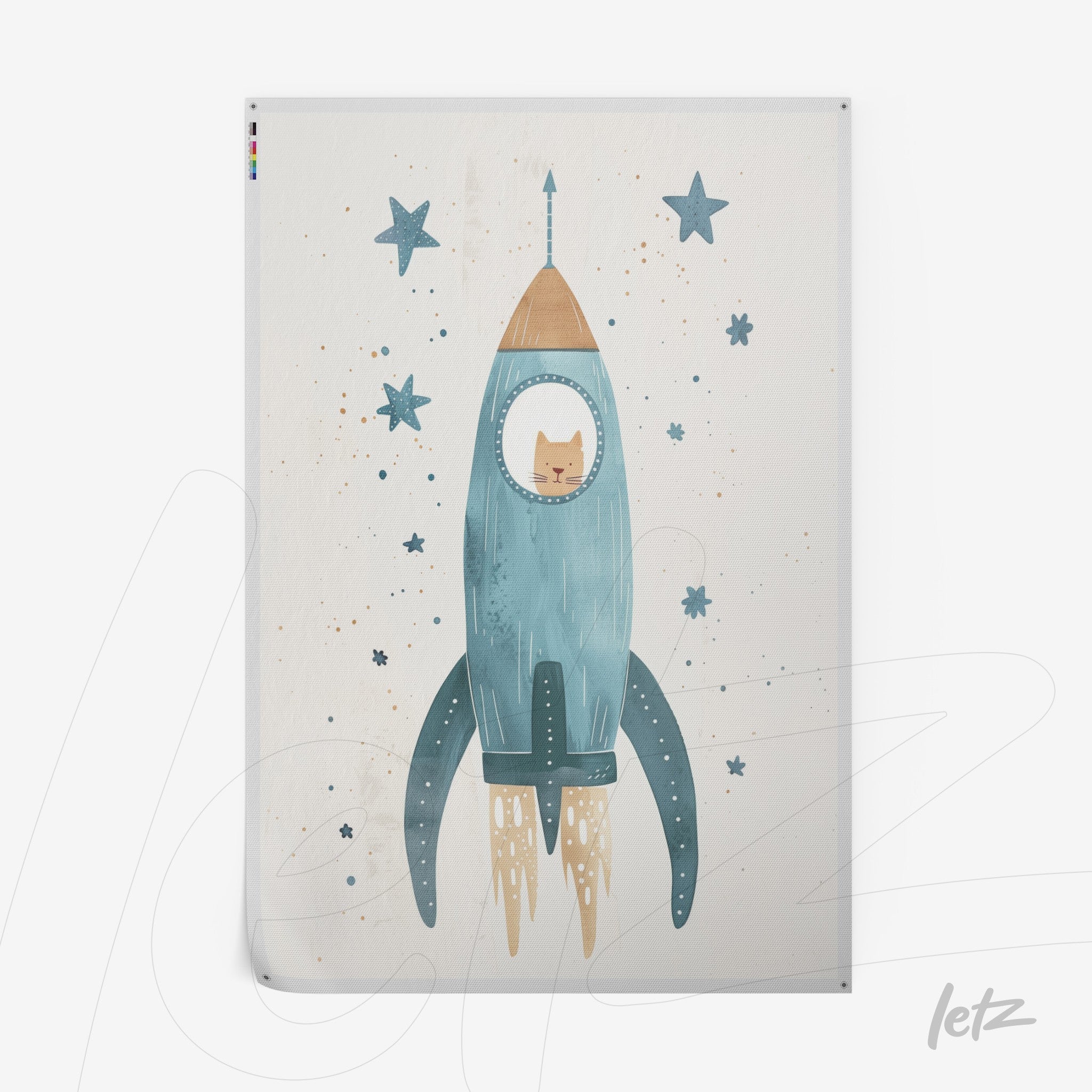 wall art featuring an illustration of a cat inside a blue rocket against a light background with stars