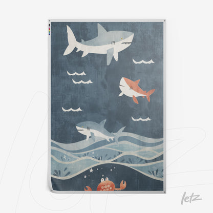 whimsical framed art featuring stylized sharks swimming in blue background with waves and a red crab