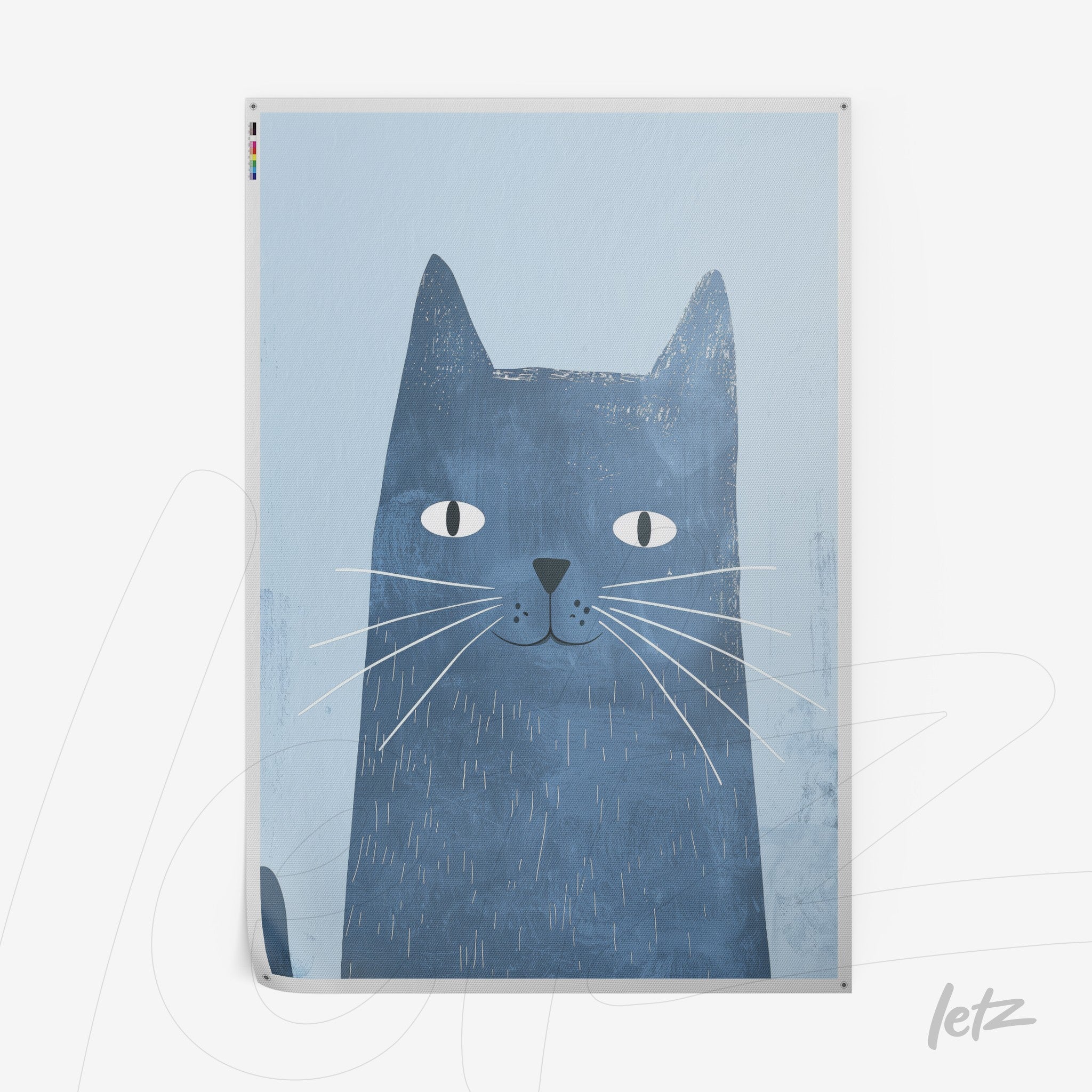 framed artwork featuring a blue cat illustration against a light textured background