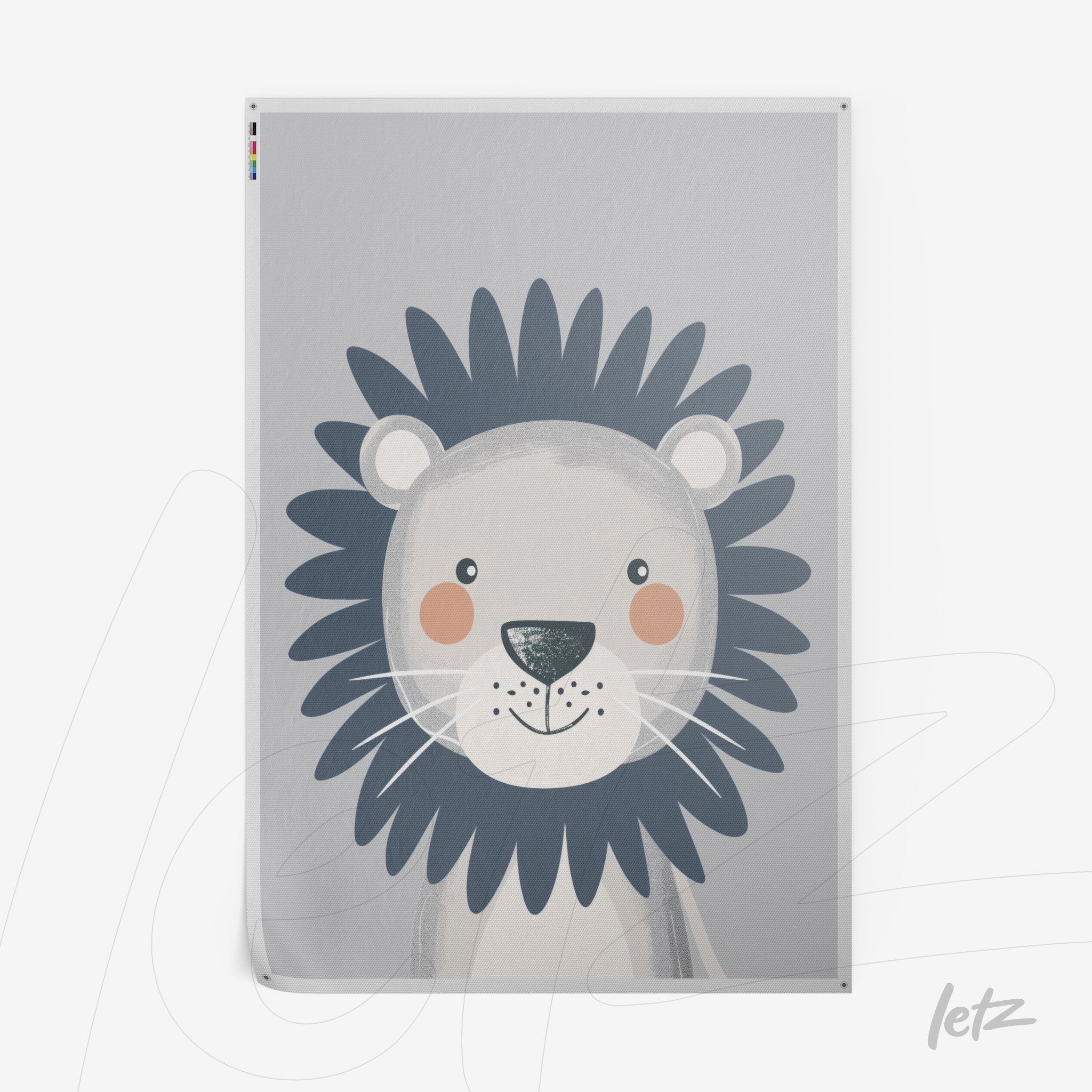 illustration of a cartoon lion with playful features on a light gray background