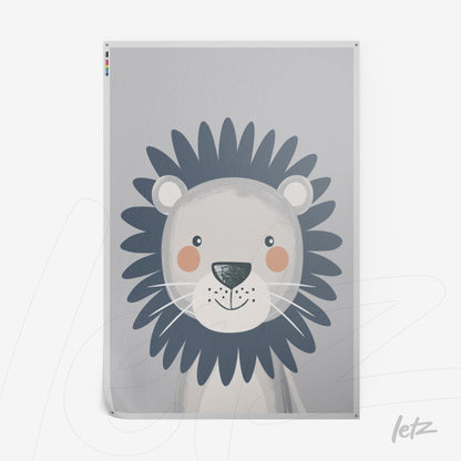 illustration of a cartoon lion with playful features on a light gray background