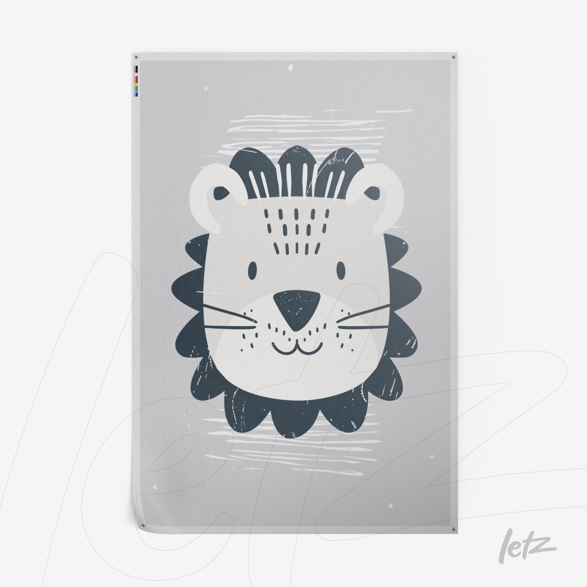poster with stylized lion illustration on soft gray background