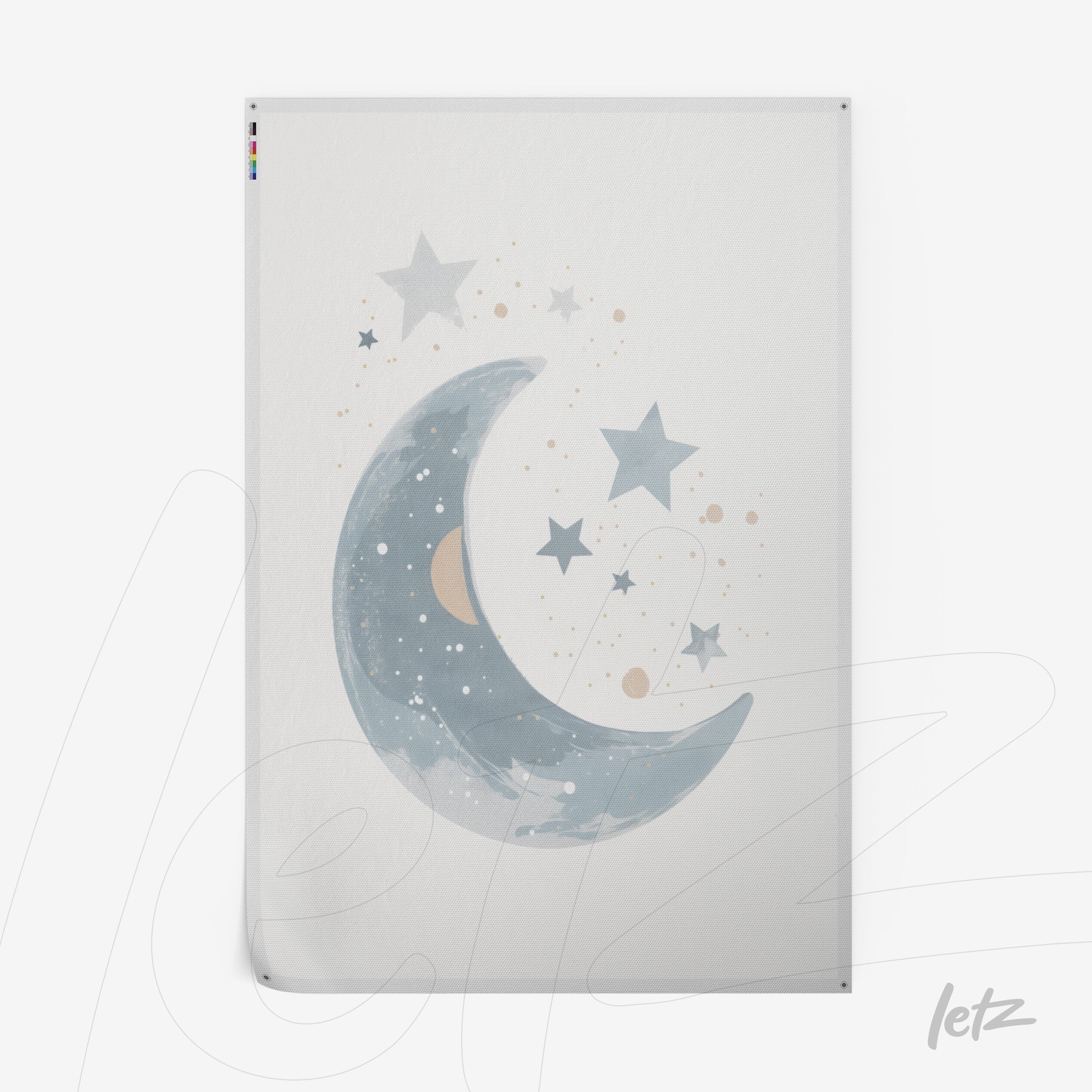 framed art featuring a crescent moon illustration in blue tones with watercolor stars