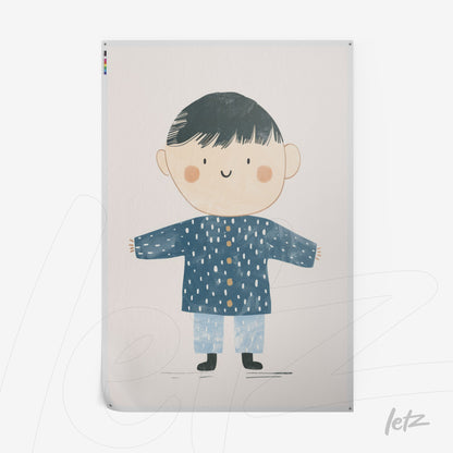 digital illustration of a smiling boy with black hair wearing a blue polka dot shirt set against a light background
