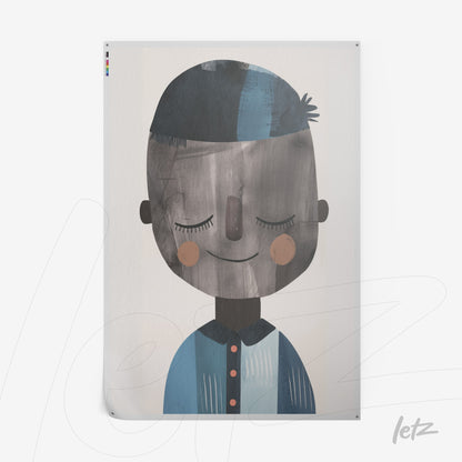 framed wall art featuring a smiling child character illustration in soft shades of blue and brown