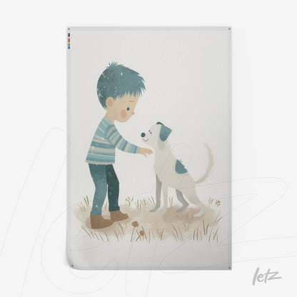children's illustration of a boy petting a dog against a soft background with grass