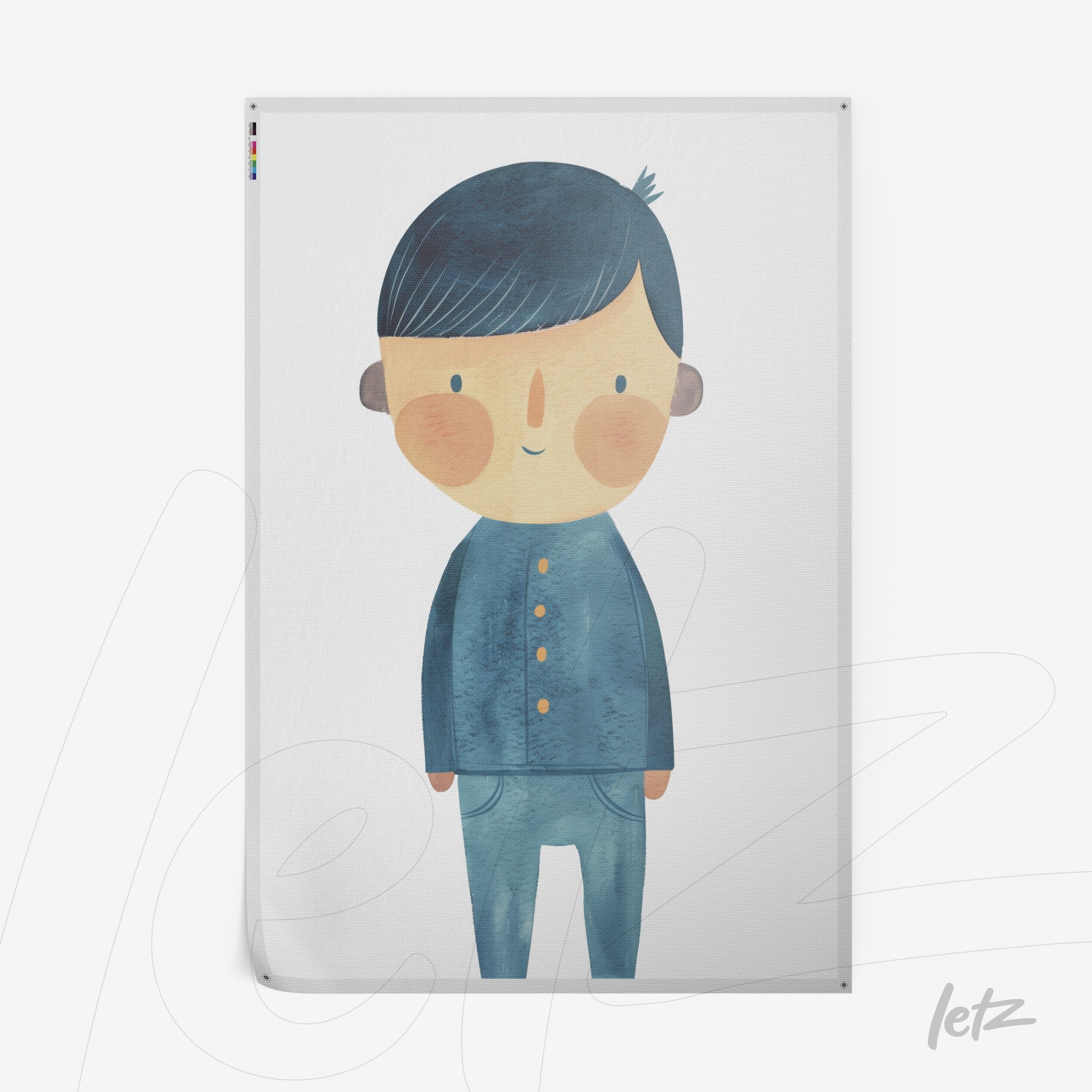 colorful illustration of a child character with dark blue hair and blue outfit on white background