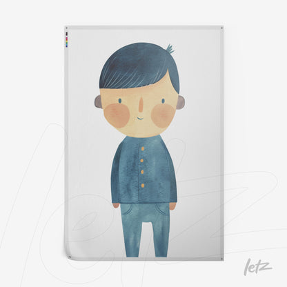 colorful illustration of a child character with dark blue hair and blue outfit on white background