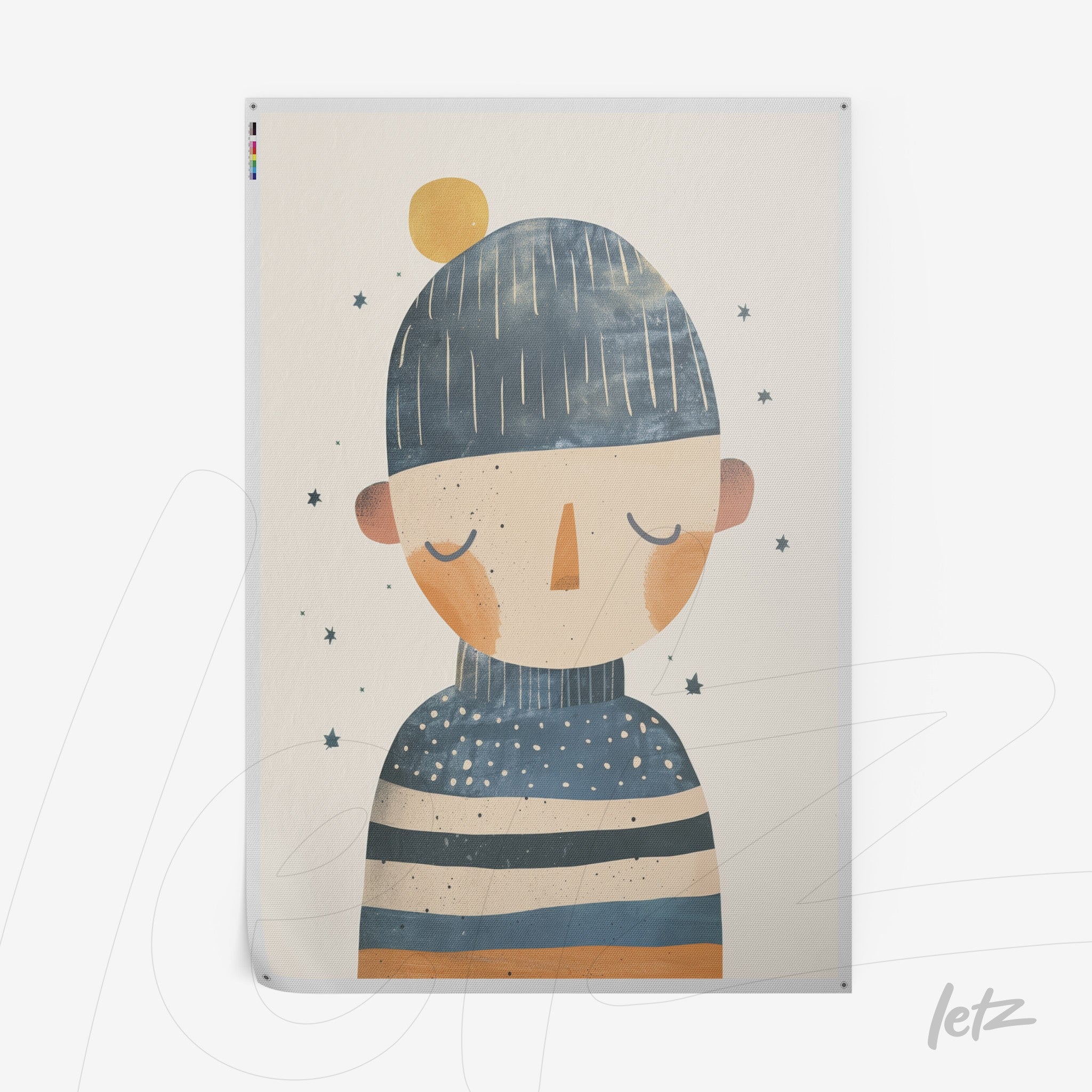 framed art of a child wearing a blue beanie and striped sweater featuring star elements on a light background