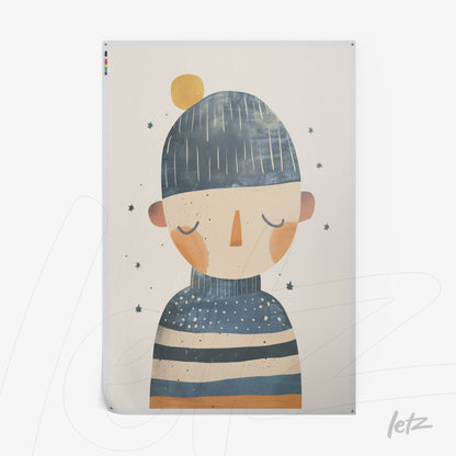 framed art of a child wearing a blue beanie and striped sweater featuring star elements on a light background