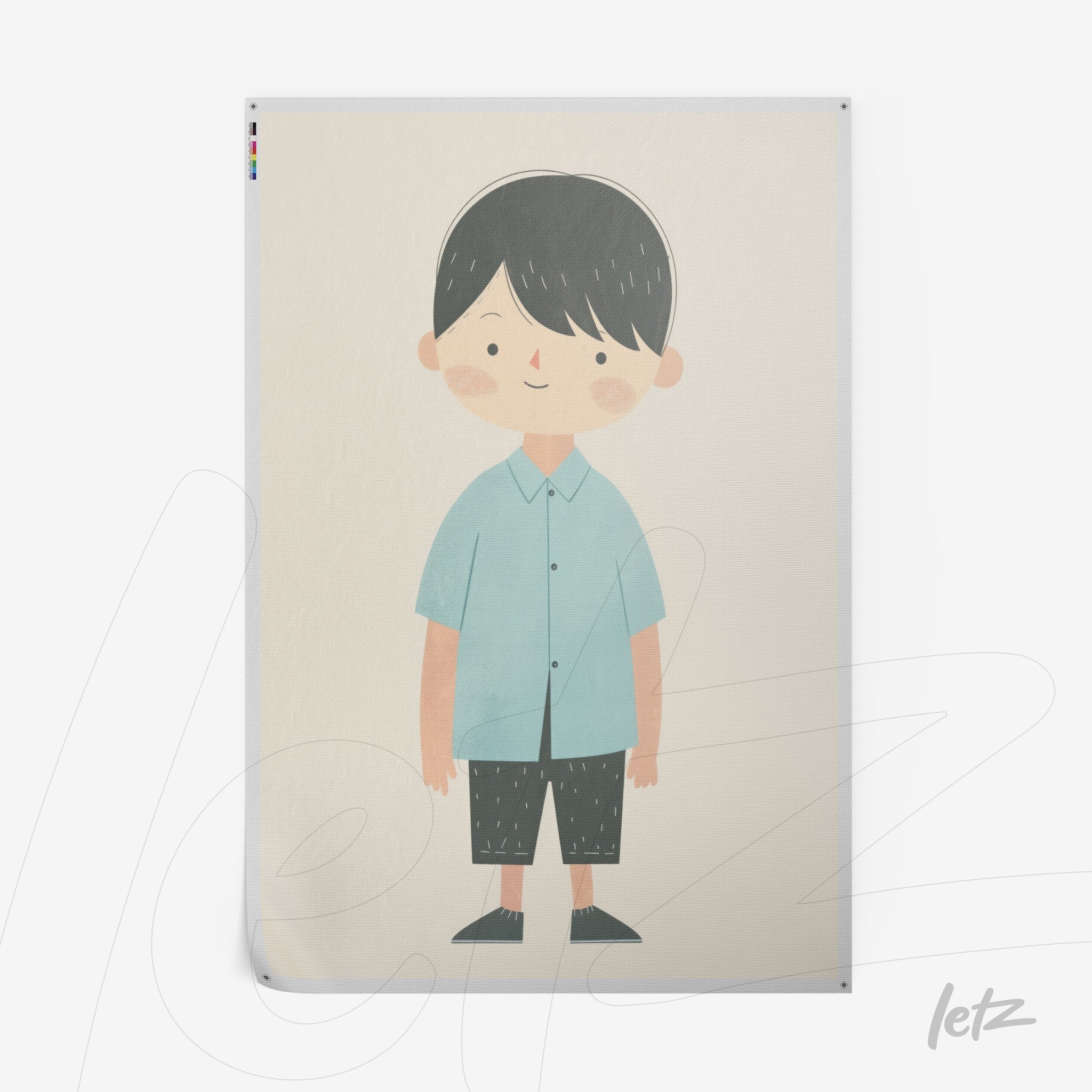 illustration of a boy wearing a light blue shirt and dark pants on a neutral background