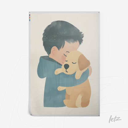 illustration of a boy hugging a puppy in minimalist style with light background