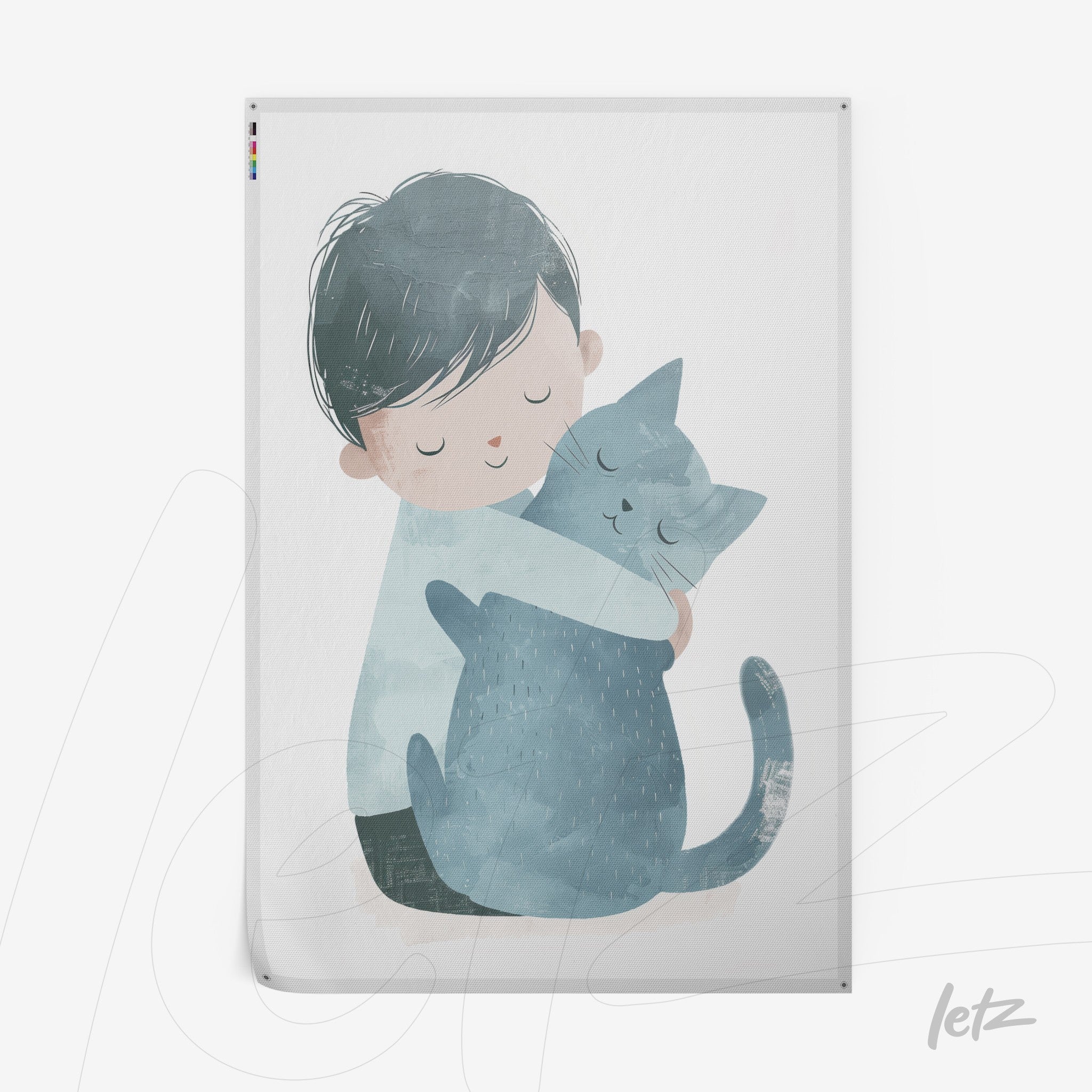 cute illustration of a boy hugging a gray cat on a light background