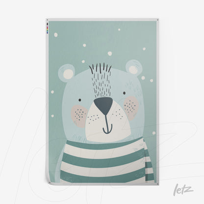 canvas print featuring cartoon bear illustration on light blue background with snowflakes