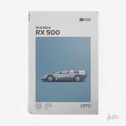framed wall art featuring an illustration of Mazda RX 500 with light blue background and text details