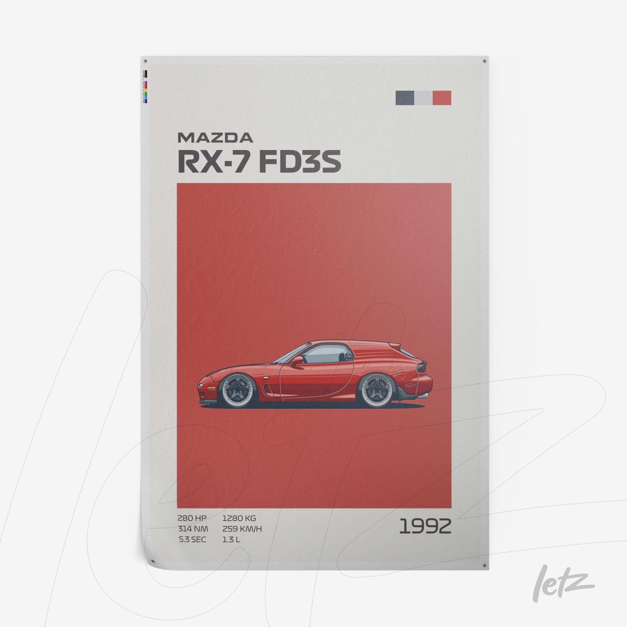 framed artwork featuring a minimalist illustration of Mazda RX-7 FD3S on red background with technical details and year 1992
