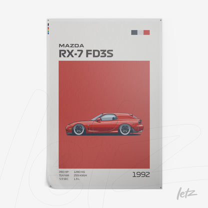 framed artwork featuring a minimalist illustration of Mazda RX-7 FD3S on red background with technical details and year 1992
