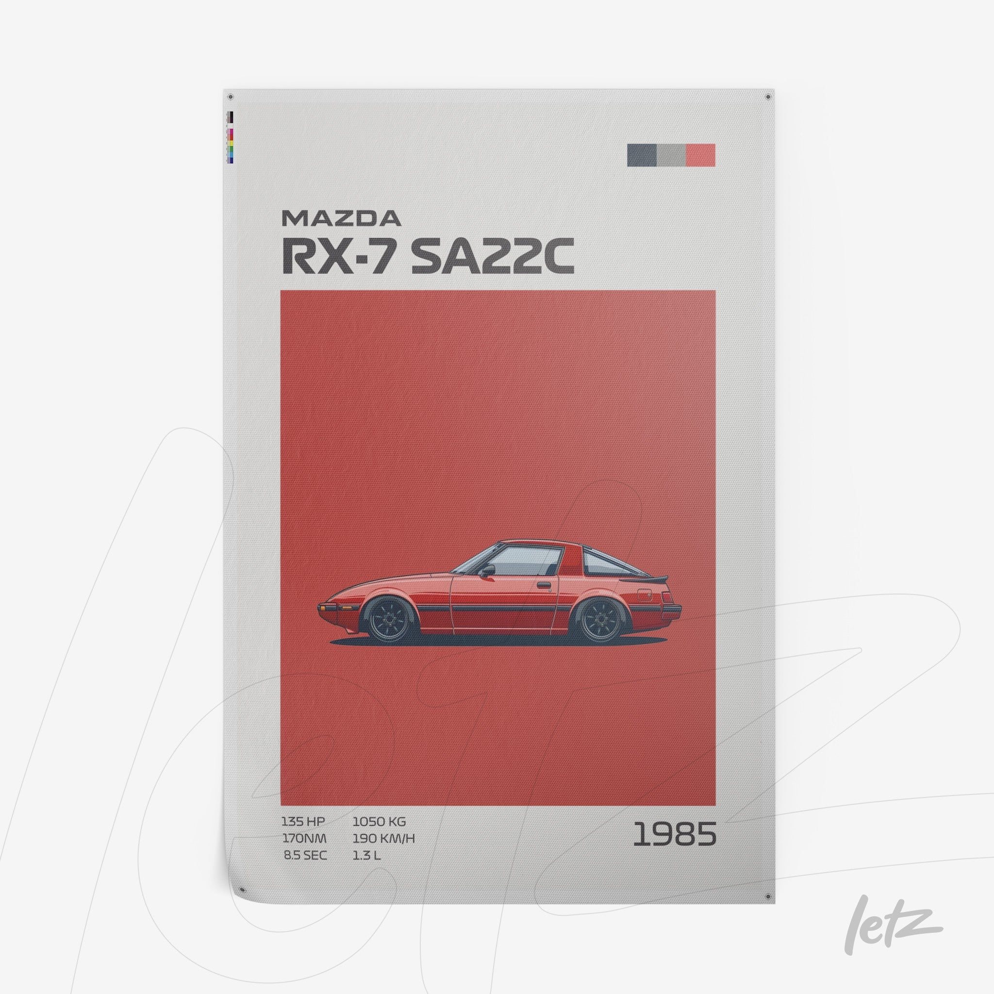 graphic art of the Mazda RX-7 SA22C car on a red background with text details