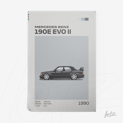 framed art featuring an illustration of a Mercedes Benz 190E EVO II on gray background with technical details beside