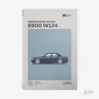 illustration of the Mercedes Benz E500 W124 in minimalist style with light blue background