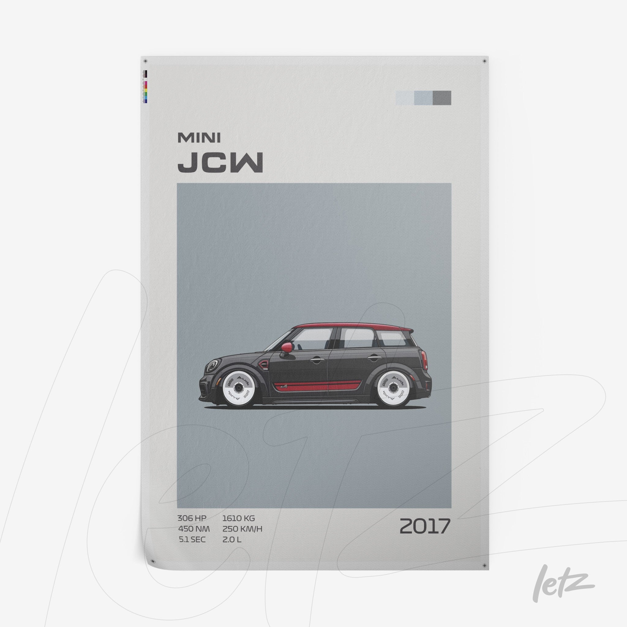 stylized illustration of Mini JCW car from 2017 with gray background and red accents