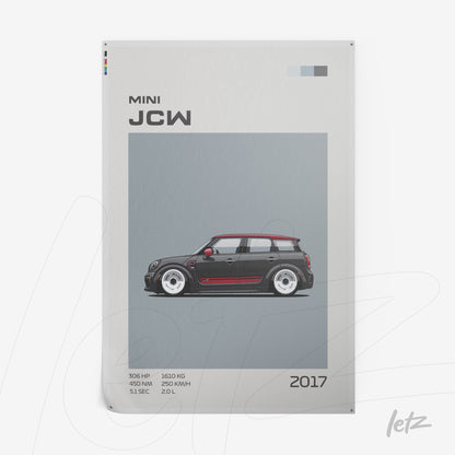 stylized illustration of Mini JCW car from 2017 with gray background and red accents