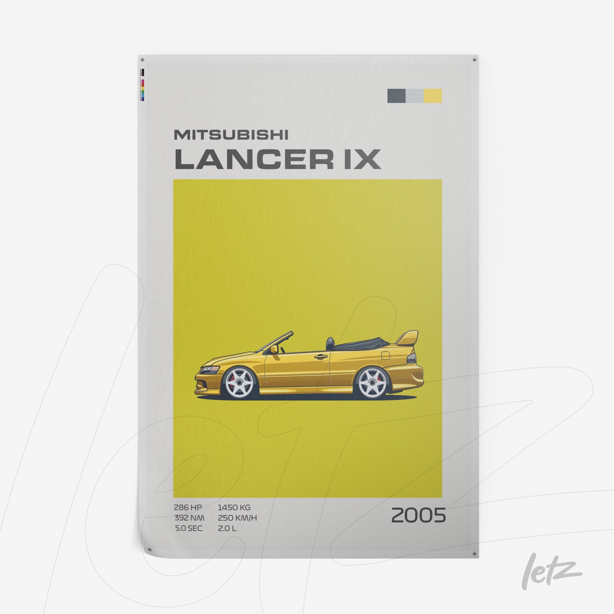 retro style framed art featuring illustration of Mitsubishi Lancer IX on yellow background