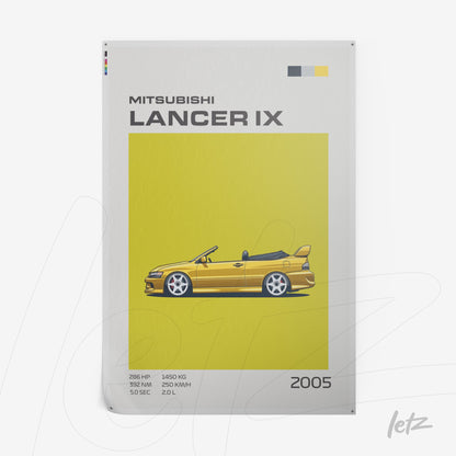 retro style framed art featuring illustration of Mitsubishi Lancer IX on yellow background