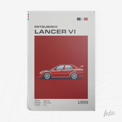 retro style digital art of Mitsubishi Lancer VI 1999 with red background and white details