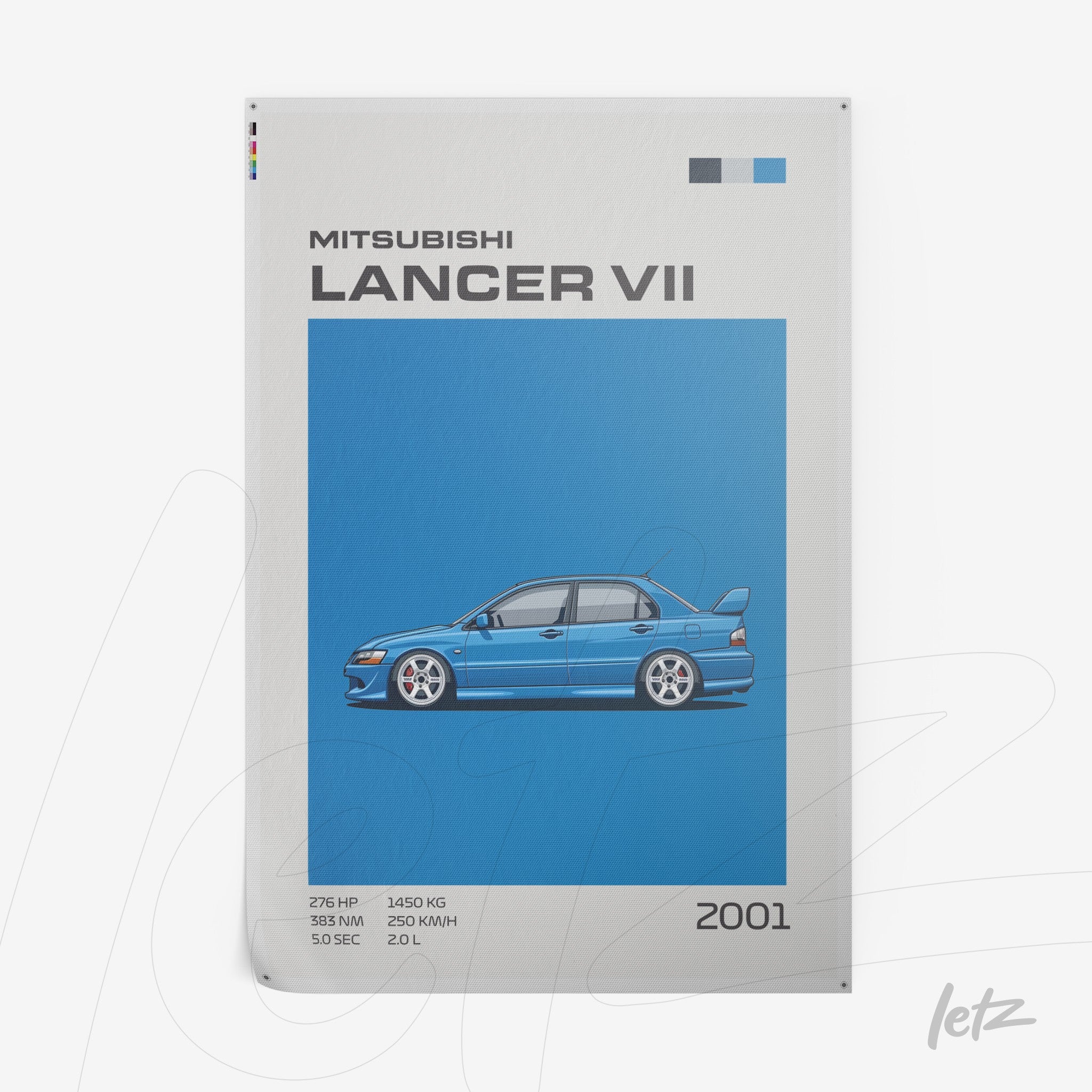 poster featuring a stylized illustration of a Mitsubishi Lancer VII against a light blue background