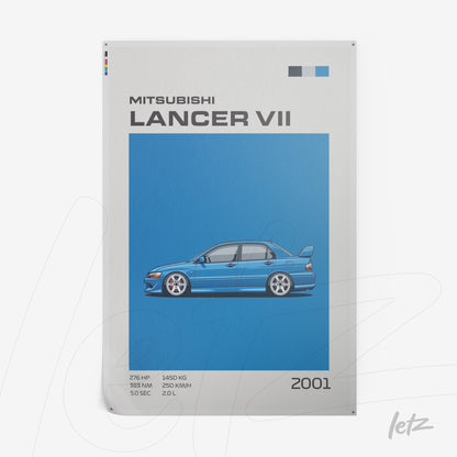 poster featuring a stylized illustration of a Mitsubishi Lancer VII against a light blue background