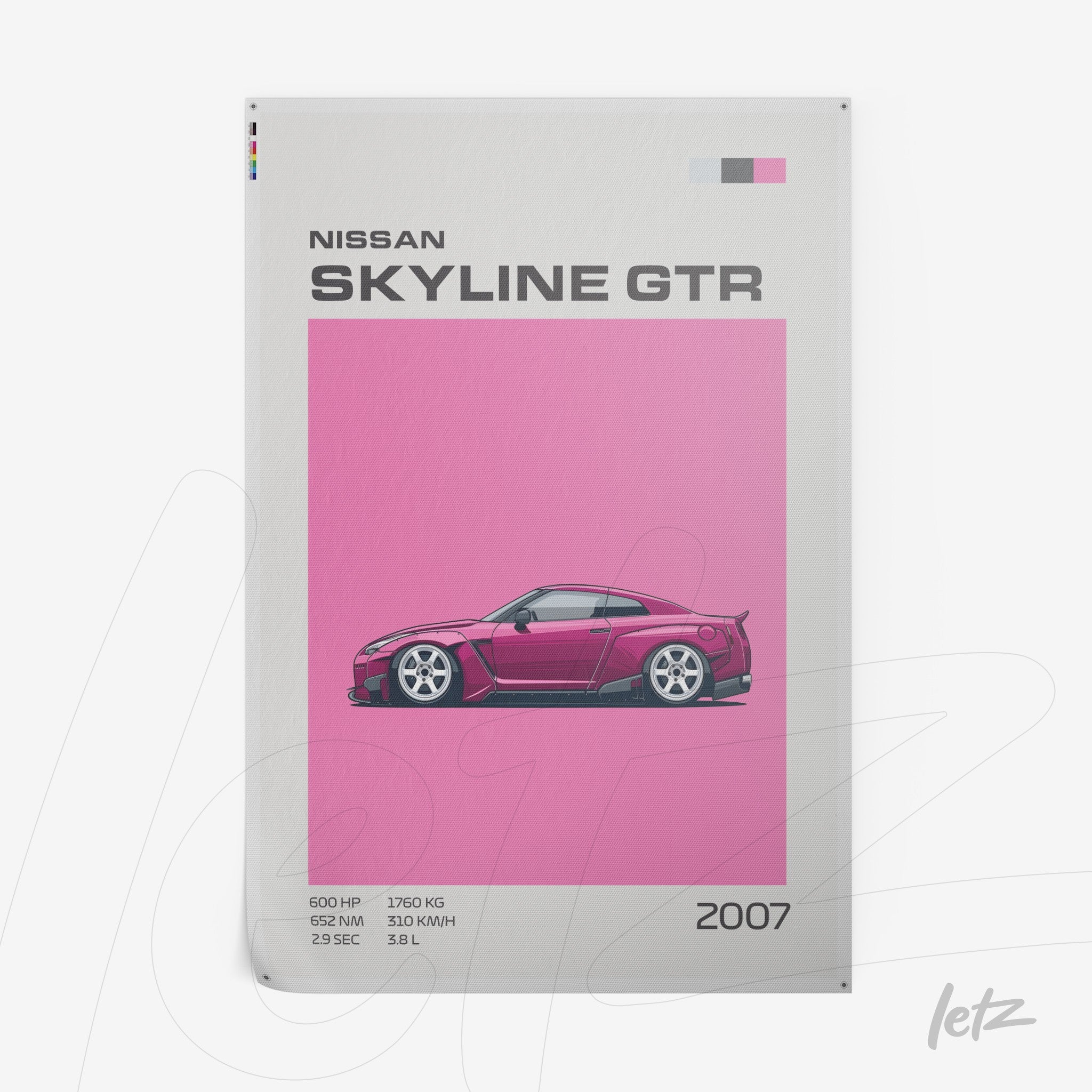 framed graphic art of Nissan Skyline GTR against vibrant pink background with stylized details