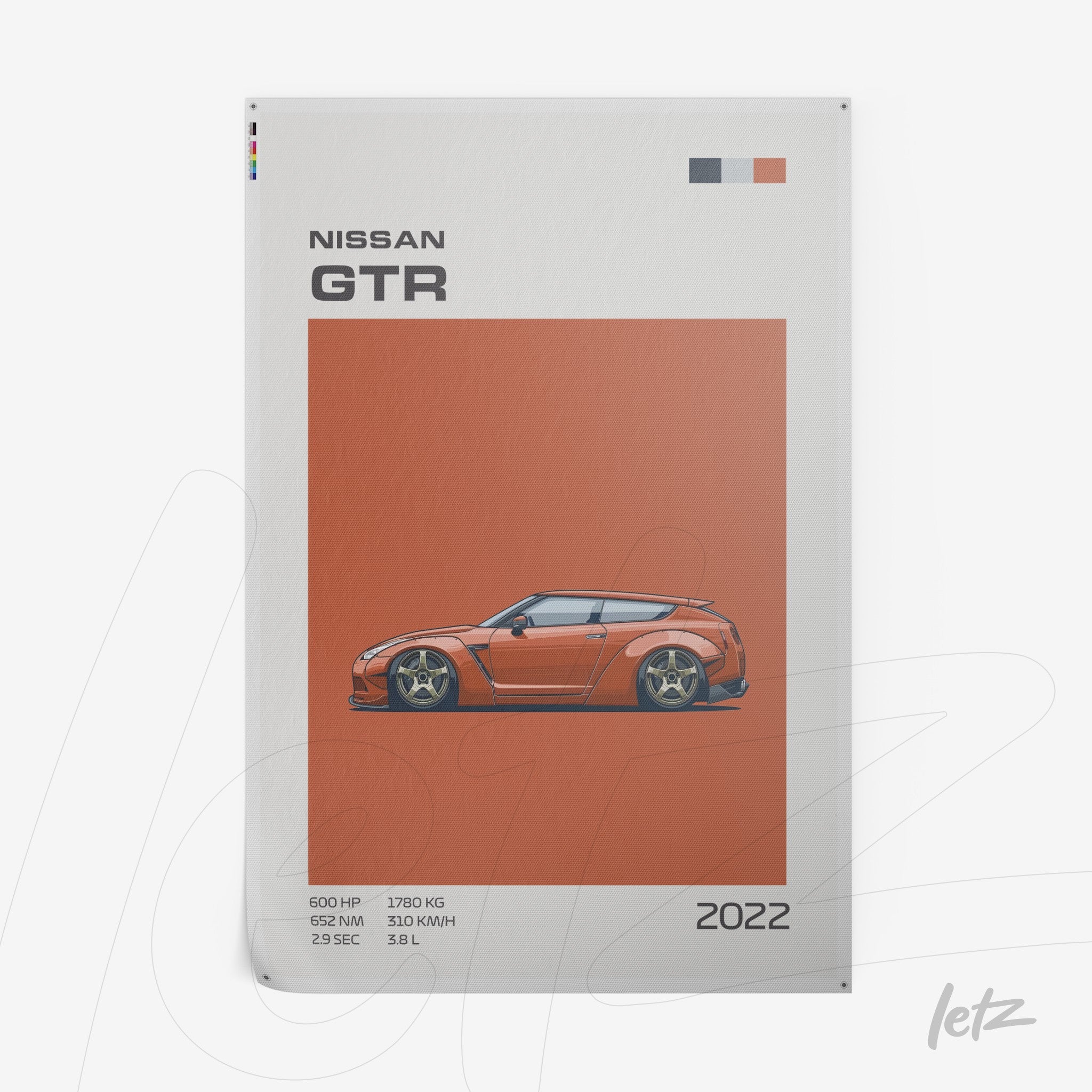 decorative wall art featuring an illustration of a Nissan GTR car on an orange background with graphical model specifications for 2022