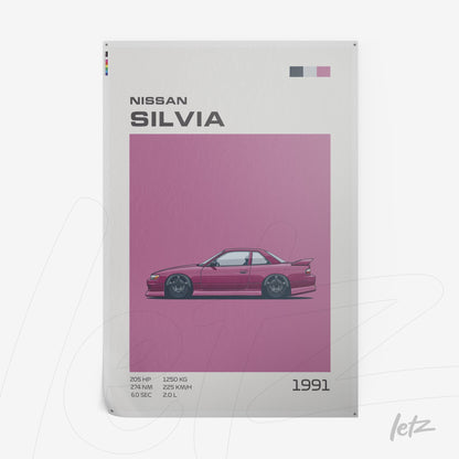 illustration of the 1991 Nissan Silvia car with pink background and graphic details