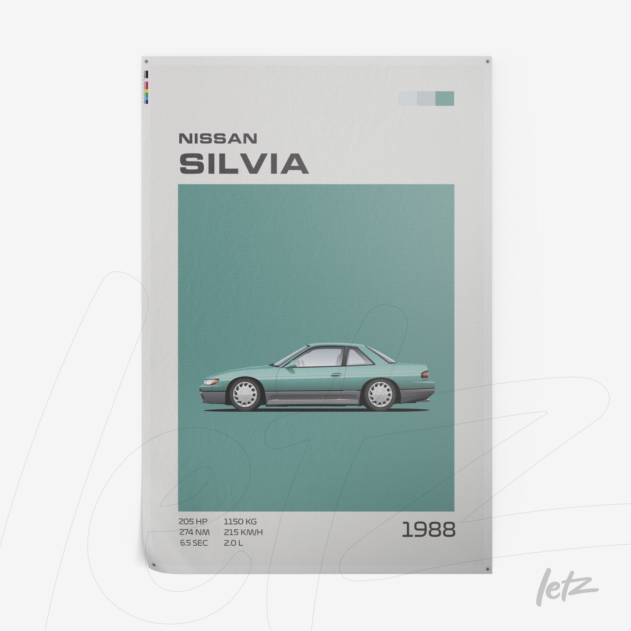 poster print featuring an illustration of the 1988 Nissan Silvia on a light green background
