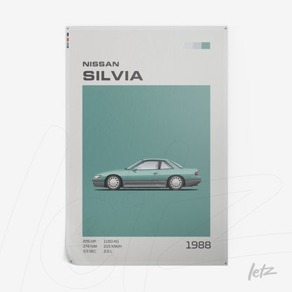 poster print featuring an illustration of the 1988 Nissan Silvia on a light green background