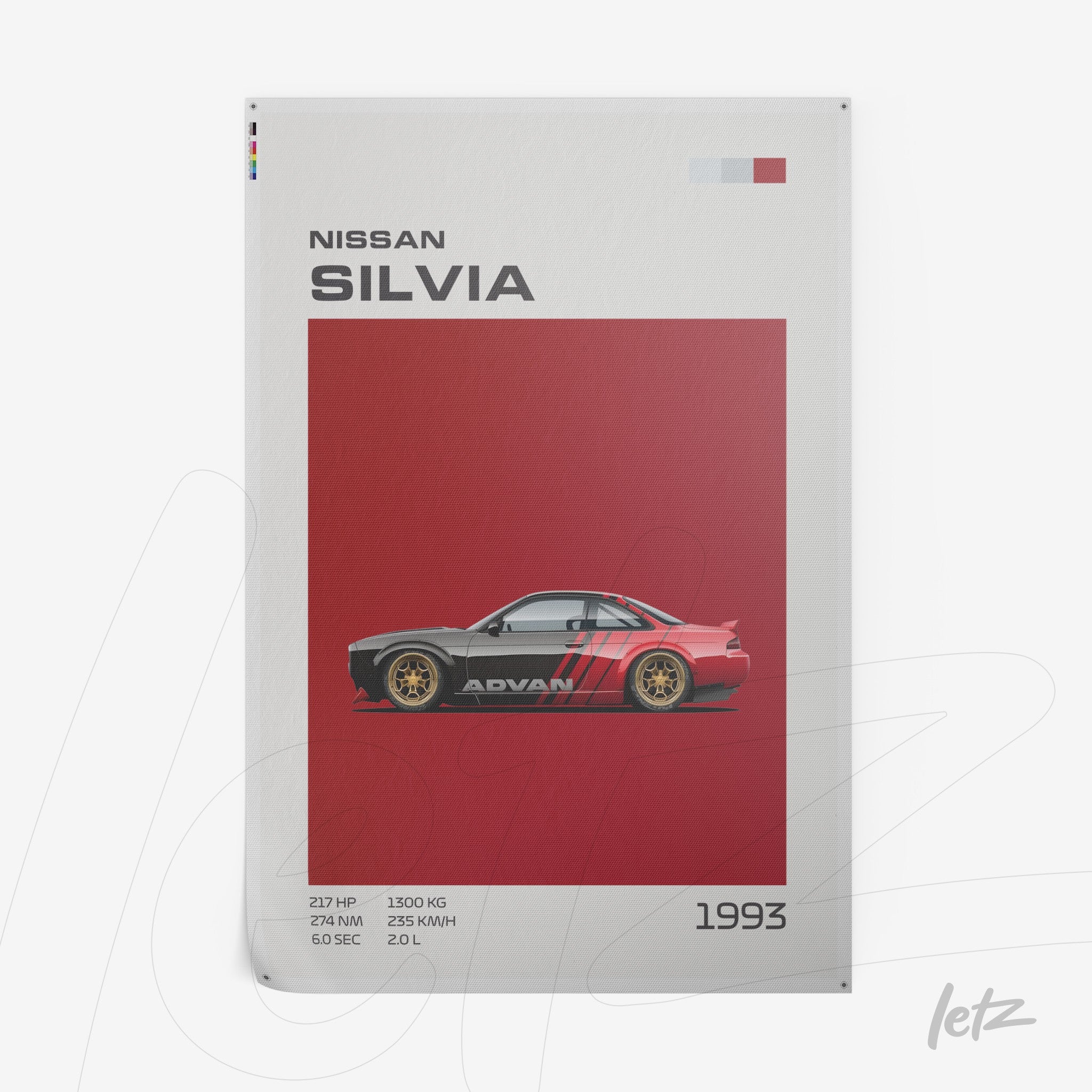 canvas print featuring a stylized illustration of the 1993 Nissan Silvia on a red background