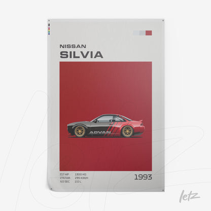 canvas print featuring a stylized illustration of the 1993 Nissan Silvia on a red background
