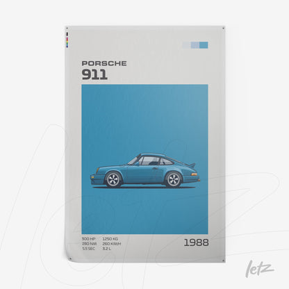 framed wall art featuring a stylized illustration of a Porsche 911 in a blue background