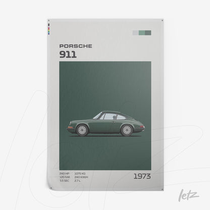 poster print featuring an illustration of a 1973 Porsche 911 on a dark green background with minimalist design