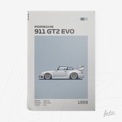 wall art featuring illustration of 1993 Porsche 911 GT2 EVO on light blue background with modern typography