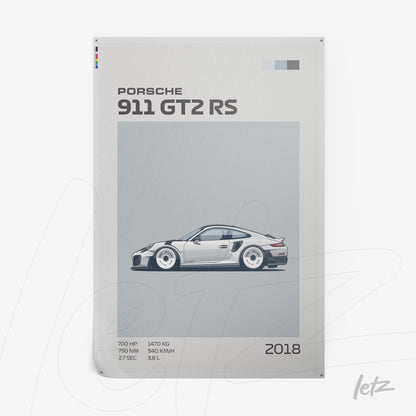 minimalist wall art featuring the 2018 Porsche 911 GT2 RS in a light background with technical details alongside