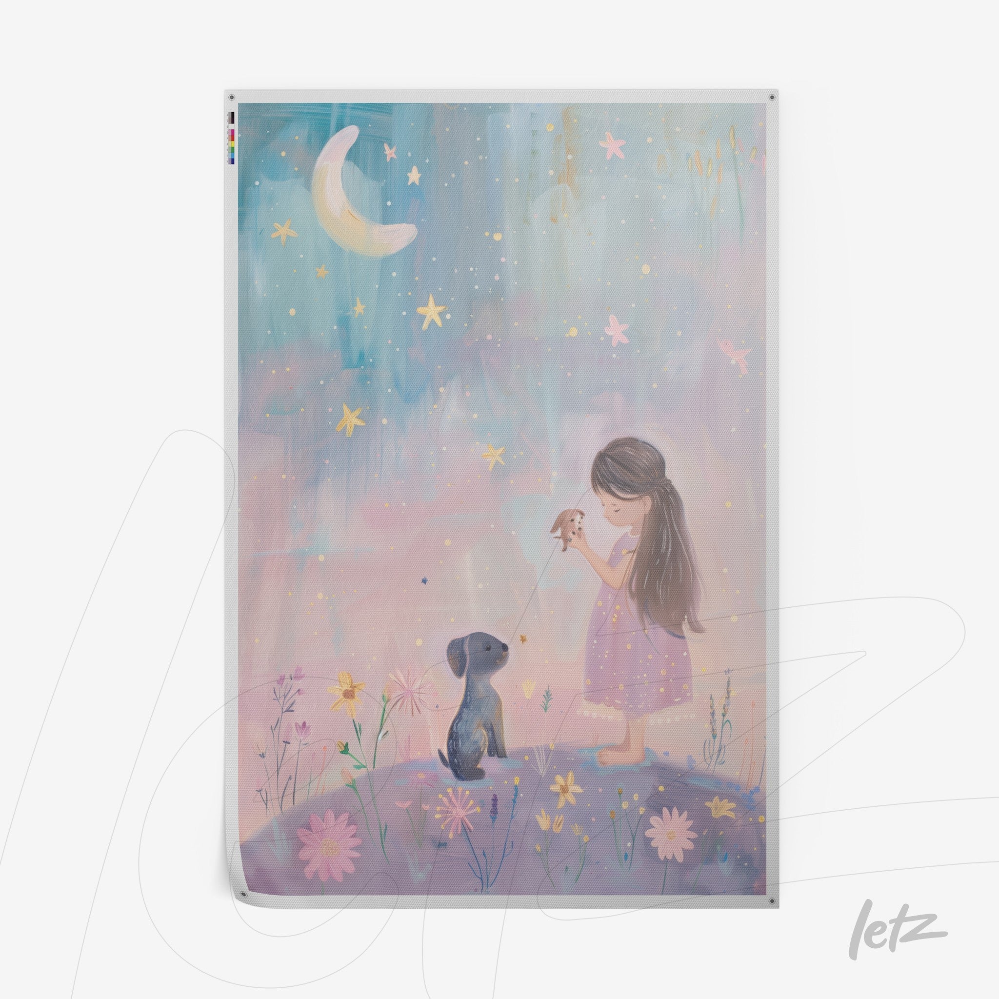digital art of a girl in a lilac dress looking at a dog under a softly colored starry sky