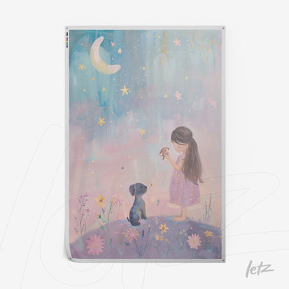 digital art of a girl in a lilac dress looking at a dog under a softly colored starry sky