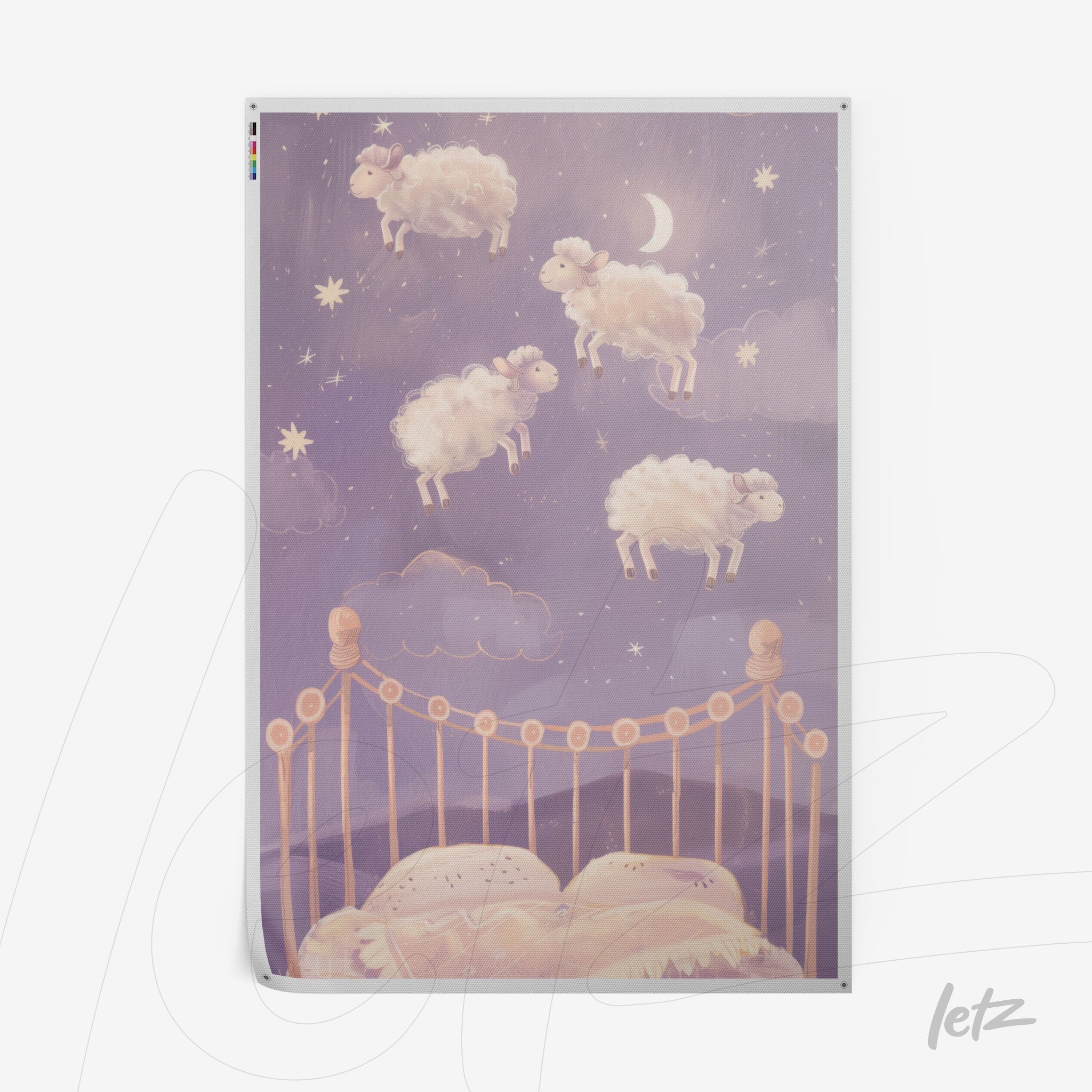 framed art featuring fluffy sheep jumping over a bed in a soft lilac starry background
