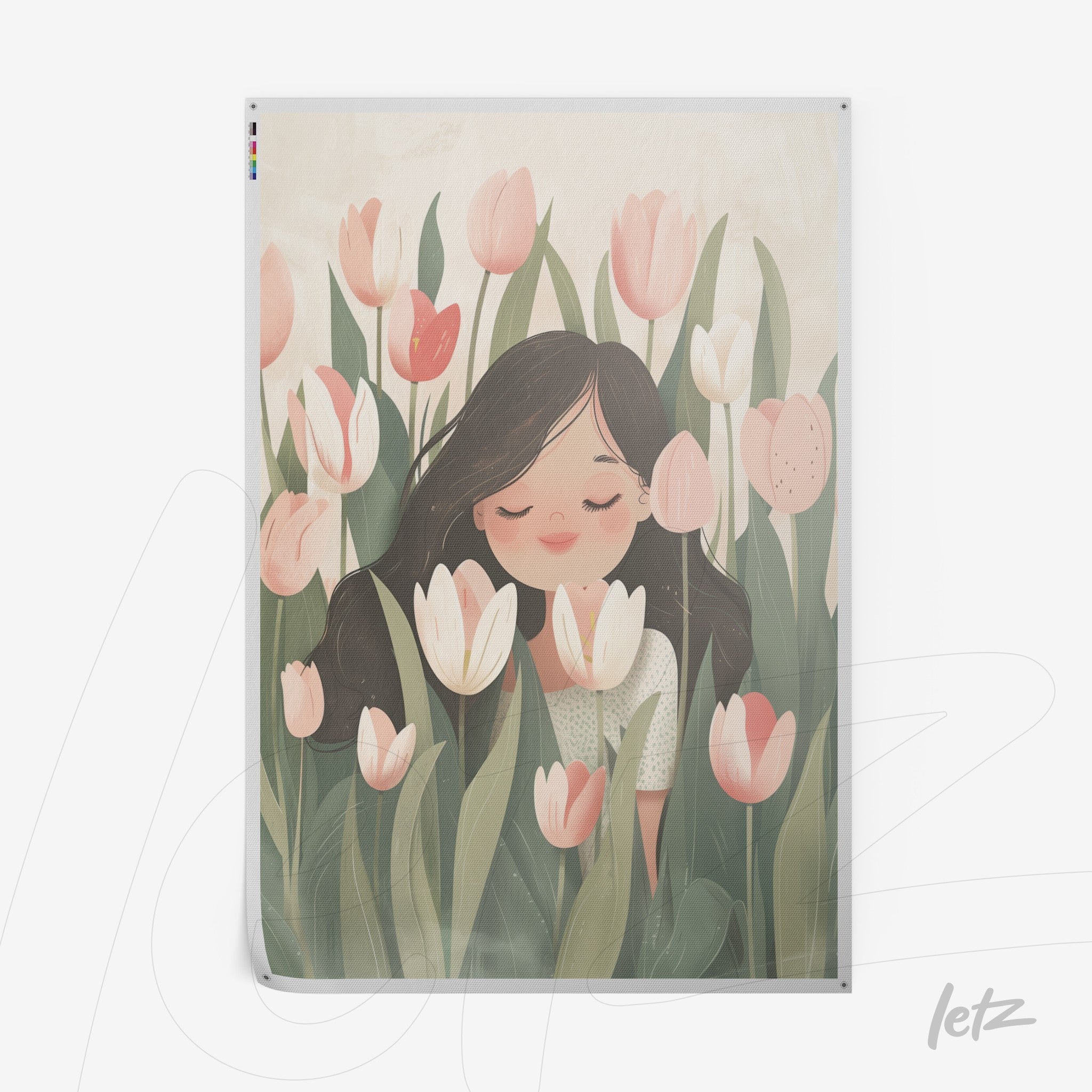 charming illustration of a dark-haired woman among soft-colored tulips