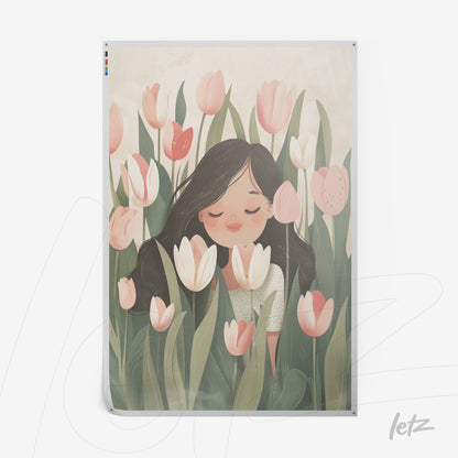 charming illustration of a dark-haired woman among soft-colored tulips