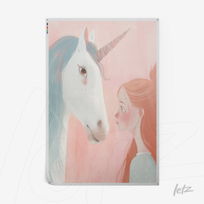 soft illustration of a young girl and a unicorn against a light pink background with delicate details
